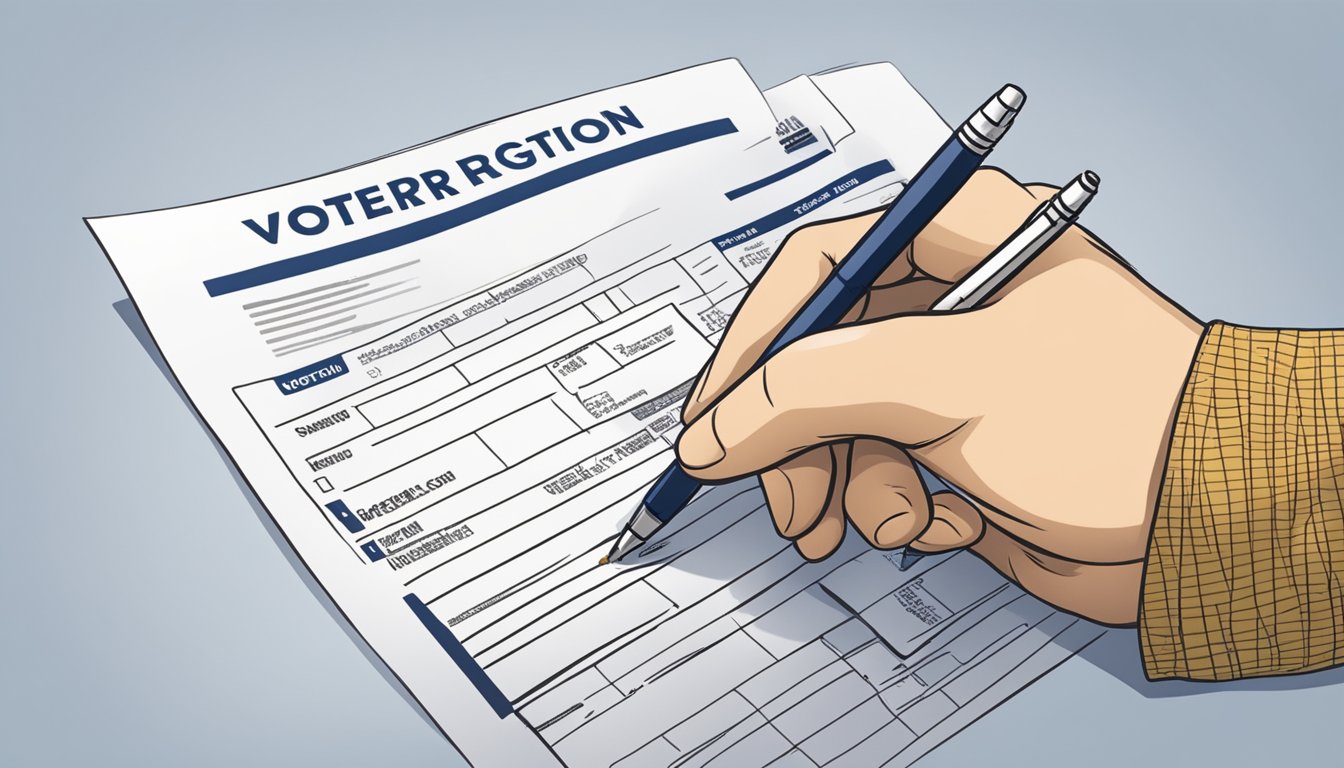 A hand holding a pen crosses out a name on a voter registration form