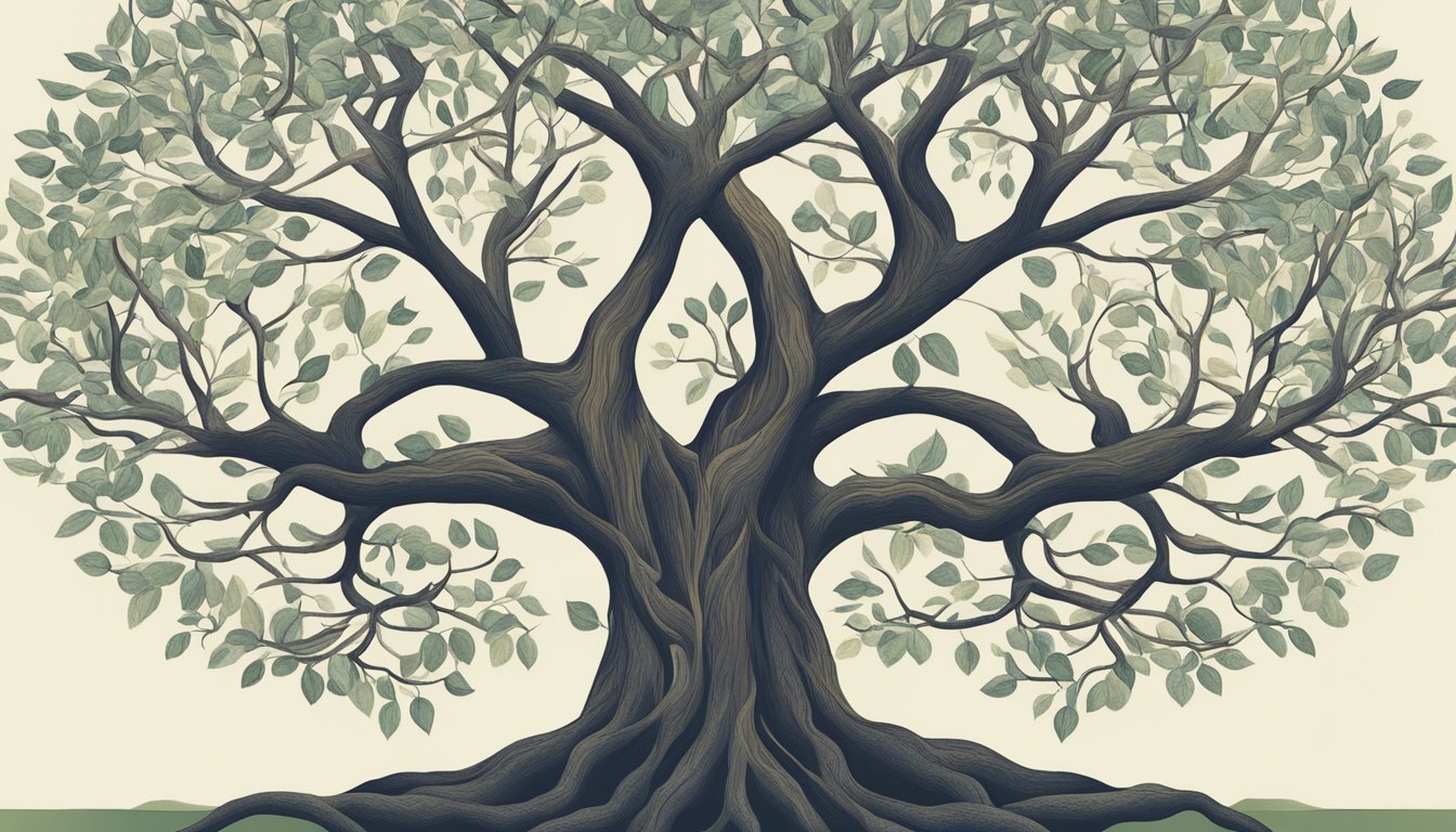 A family tree with branches merging and intertwining, symbolizing the complexities of blended family inheritance after a parent's death