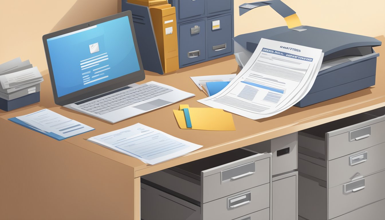 A stack of official documents and forms, a computer with a website open to the voter registration page, and a filing cabinet labeled "Legal Matters."