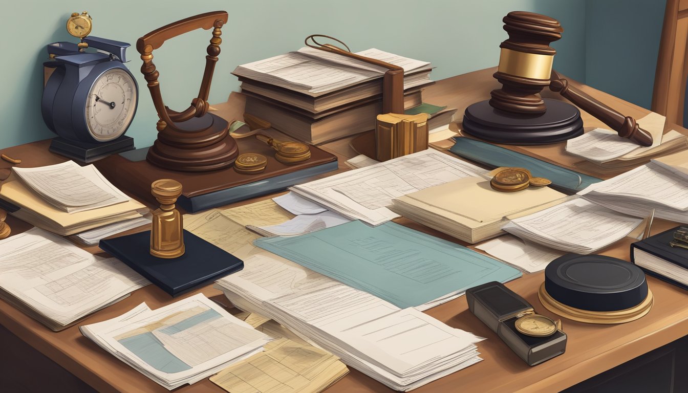 A cluttered desk with scattered legal documents, a gavel, and a scale, surrounded by family photos and heirlooms