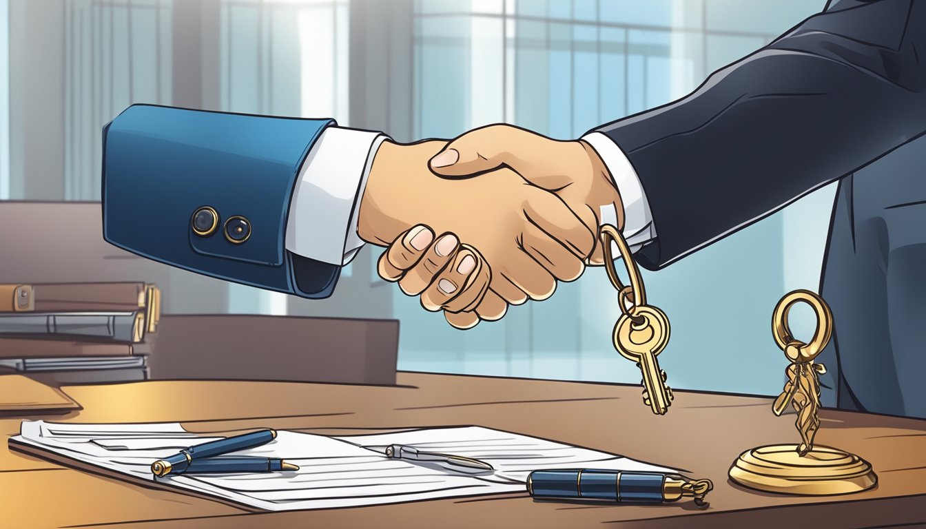 A lawyer handing over a key to a representative, symbolizing the transfer of copyrights and patents after the creator's death