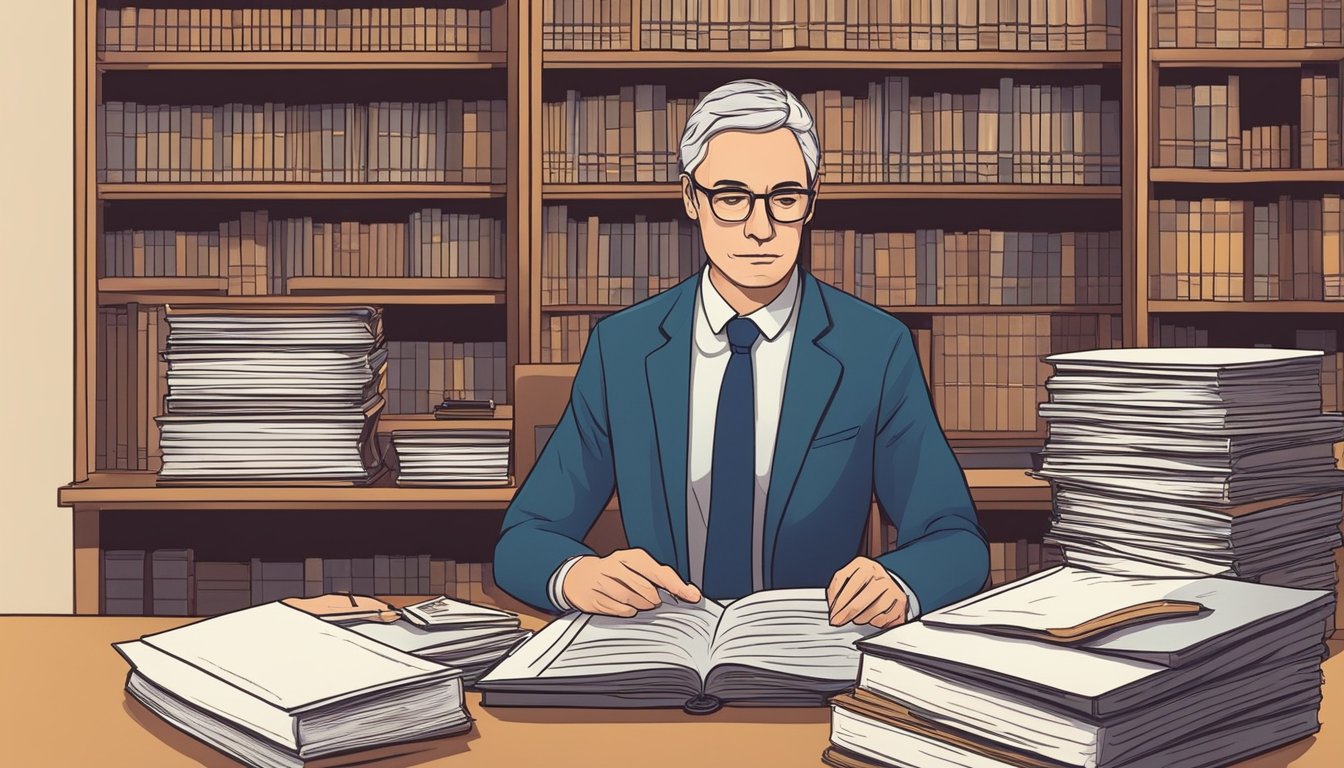 A lawyer discussing legal documents with a grieving family, surrounded by shelves of law books and paperwork