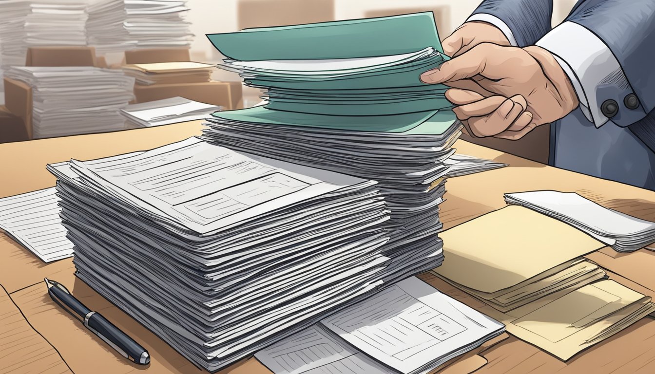 A stack of legal documents being stamped and filed at a government office