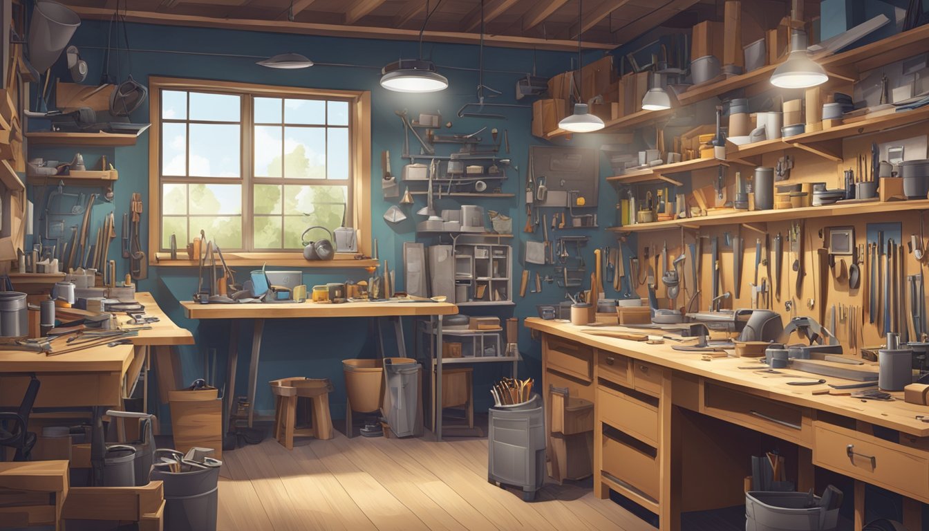 A cluttered workshop with half-finished projects, tools scattered, and blueprints pinned to the wall