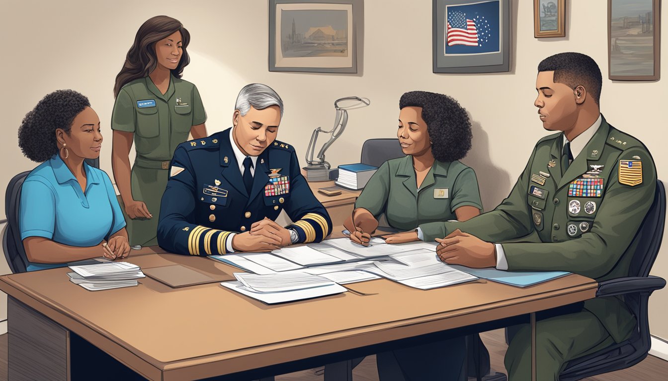 A military widow sitting at a desk with paperwork, surrounded by supportive family members and a representative from the Veterans Affairs office