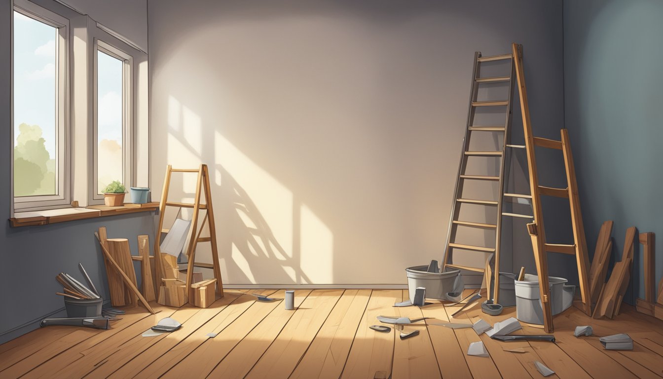 A ladder leaning against a half-painted wall, tools scattered on the floor, and a stack of unfinished building materials in a dimly lit room