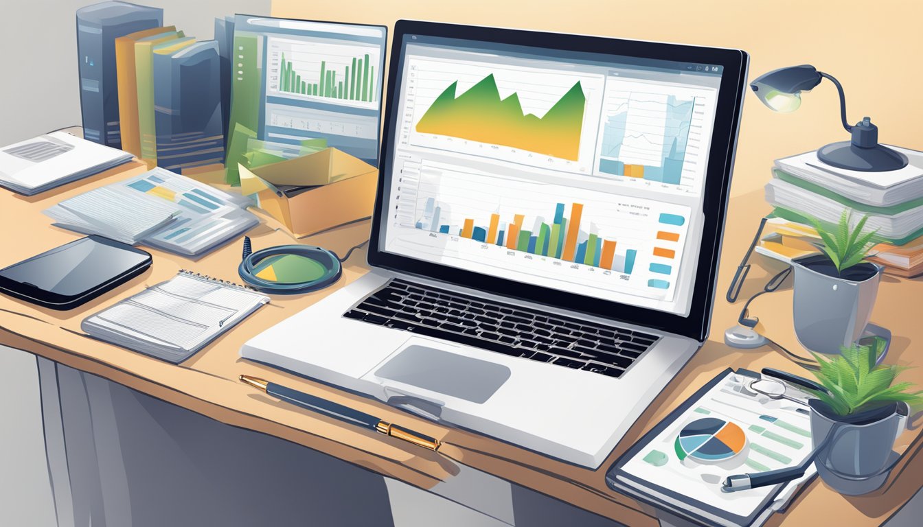 A desk with a computer screen displaying investment graphs, a phone off the hook, and a notebook with financial records open on the table