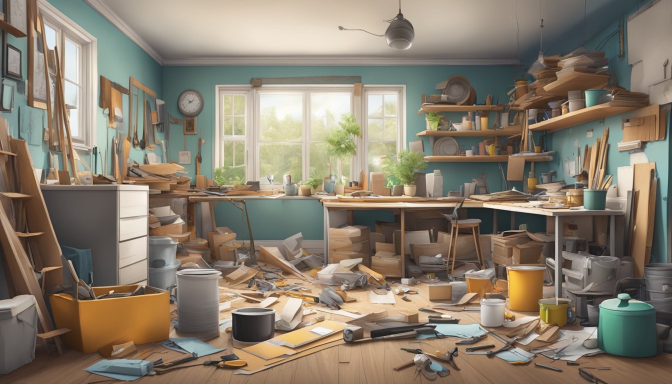 A cluttered room with unfinished renovations, tools and materials scattered, and a sense of both loss and determination in the air