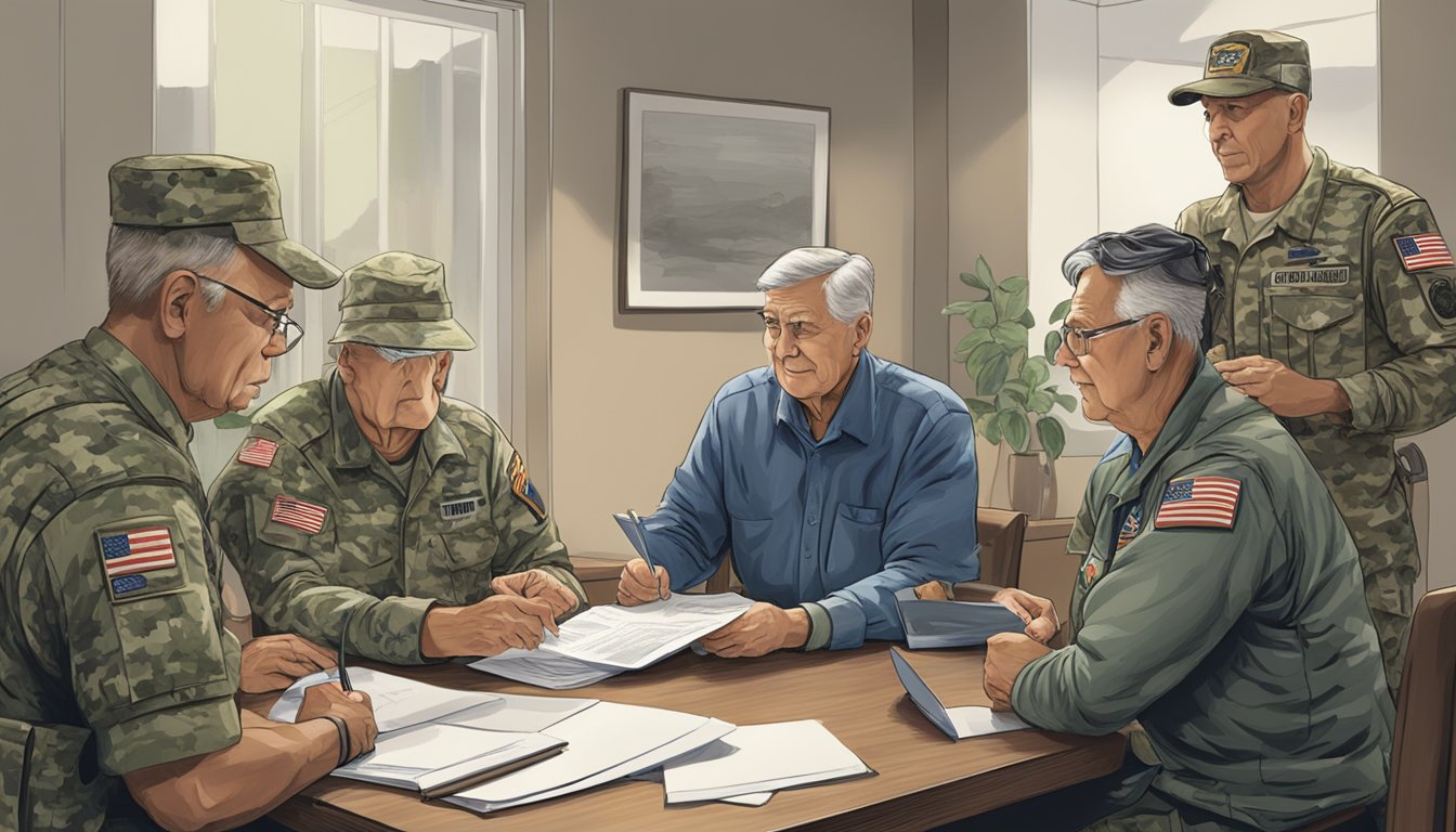 A group of veterans gather around a table, discussing paperwork and documents, while a representative assists them with accessing military benefits