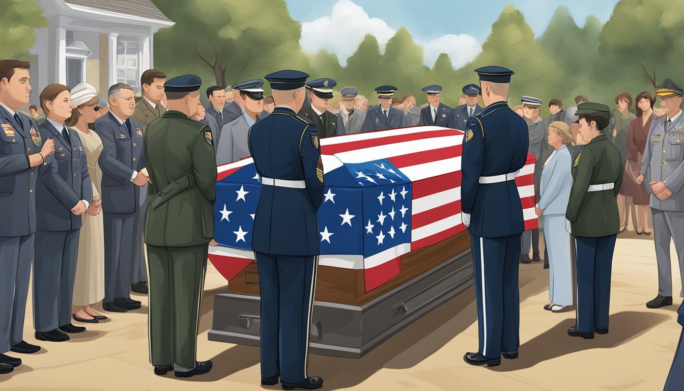 A military flag draped over a coffin, surrounded by grieving family members. A representative hands a folded flag to the widow