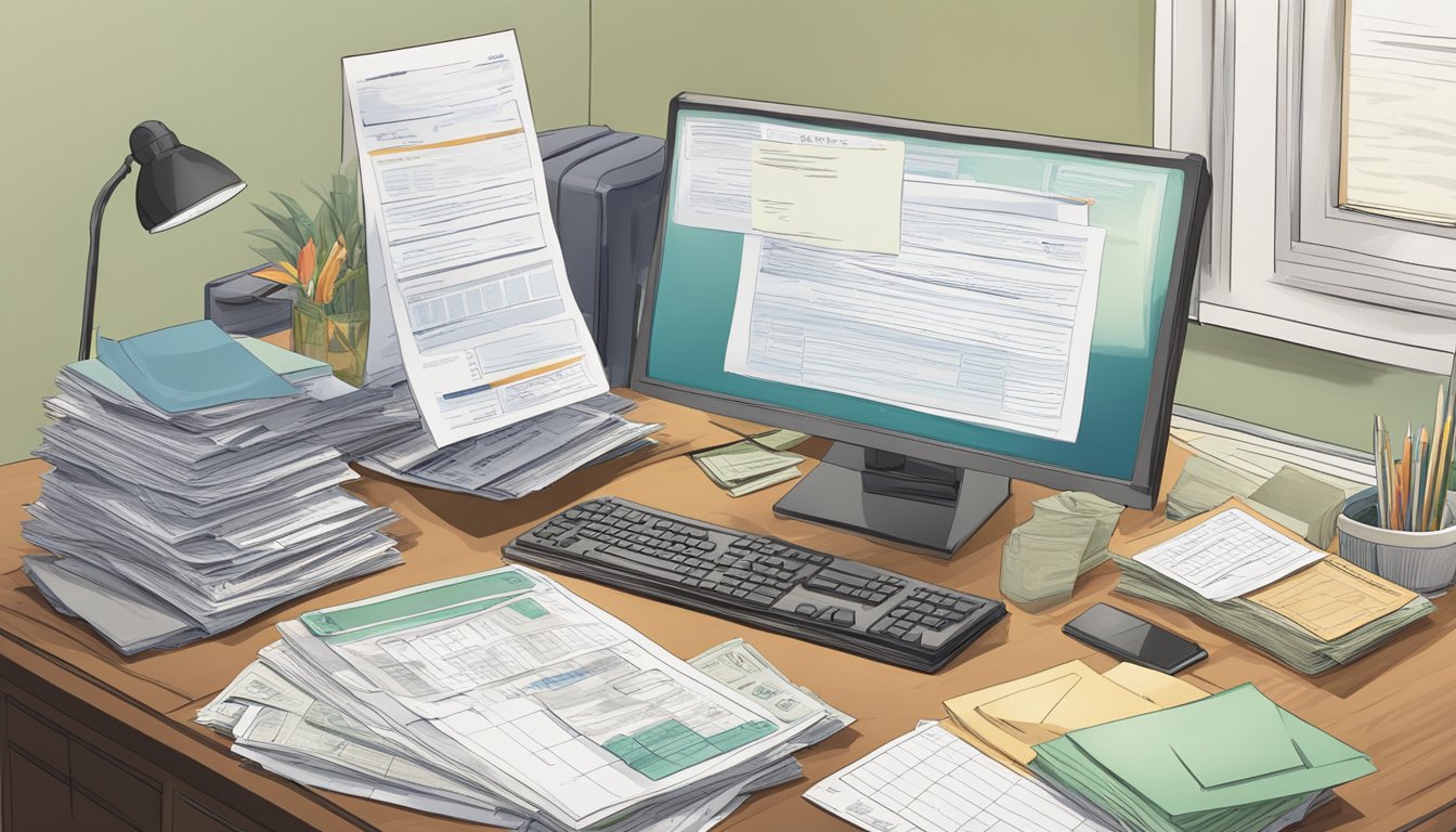 A desk cluttered with financial documents, a computer displaying investment accounts, and a stack of mail addressed to the deceased family member