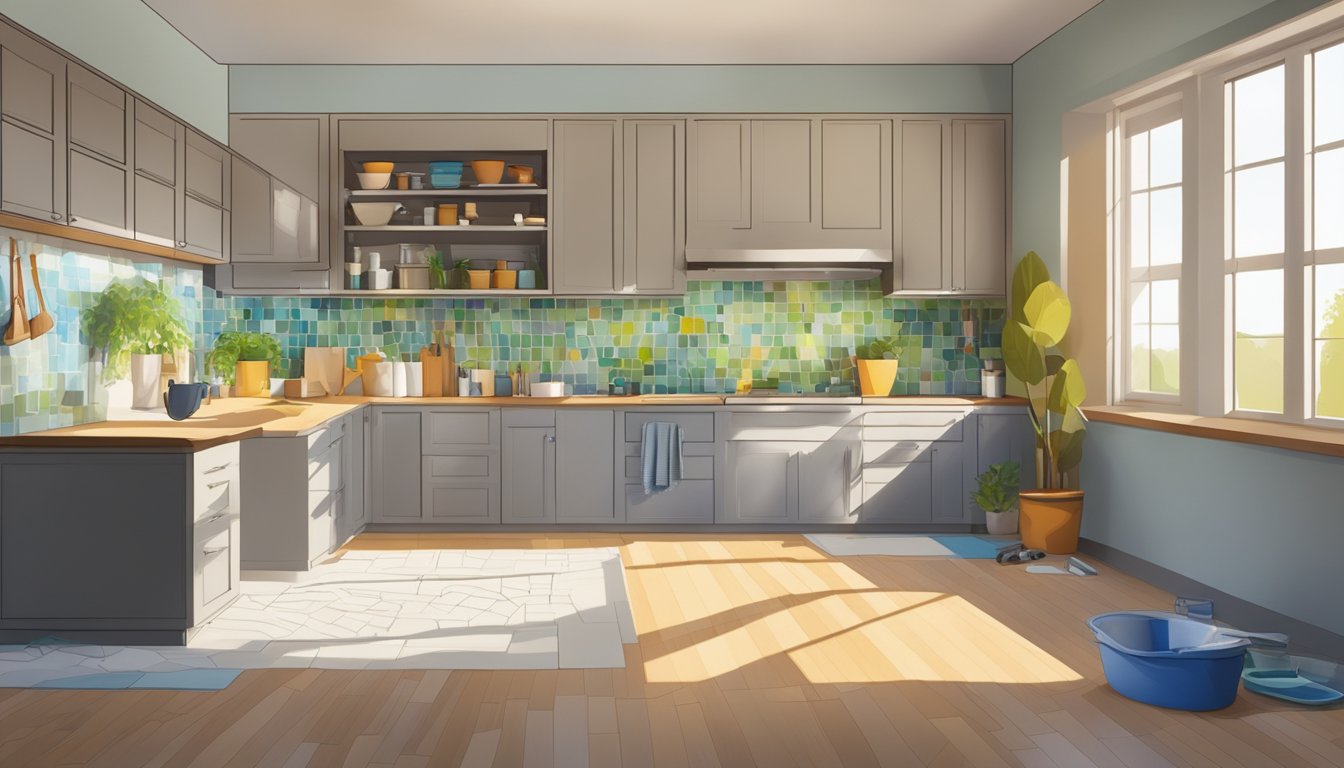 A sunlit room with fresh paint, tools neatly organized, and a completed mosaic backsplash as the final touch to the unfinished home renovation