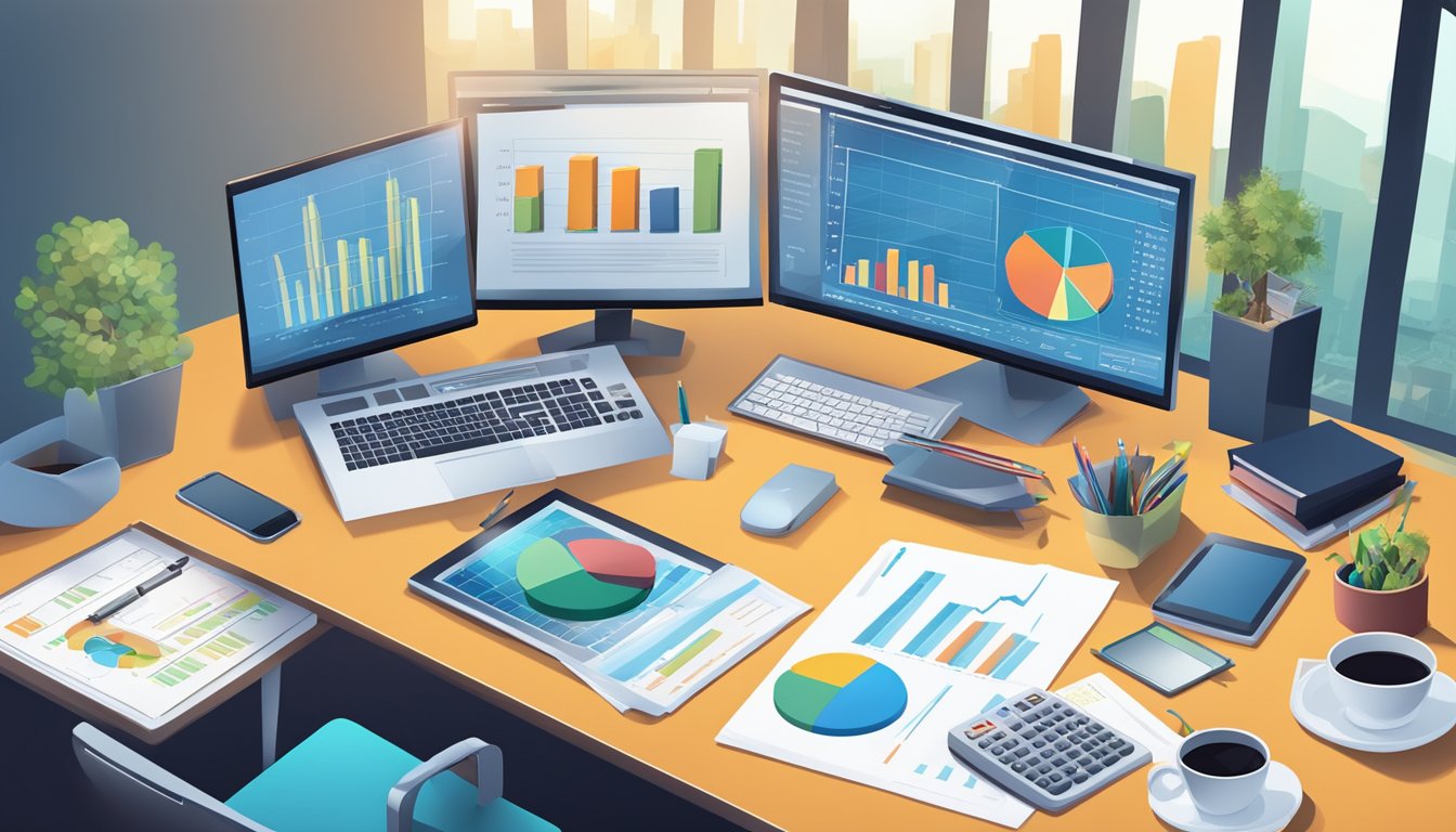 A desk cluttered with financial documents, a computer screen displaying investment graphs, and a calculator on a table