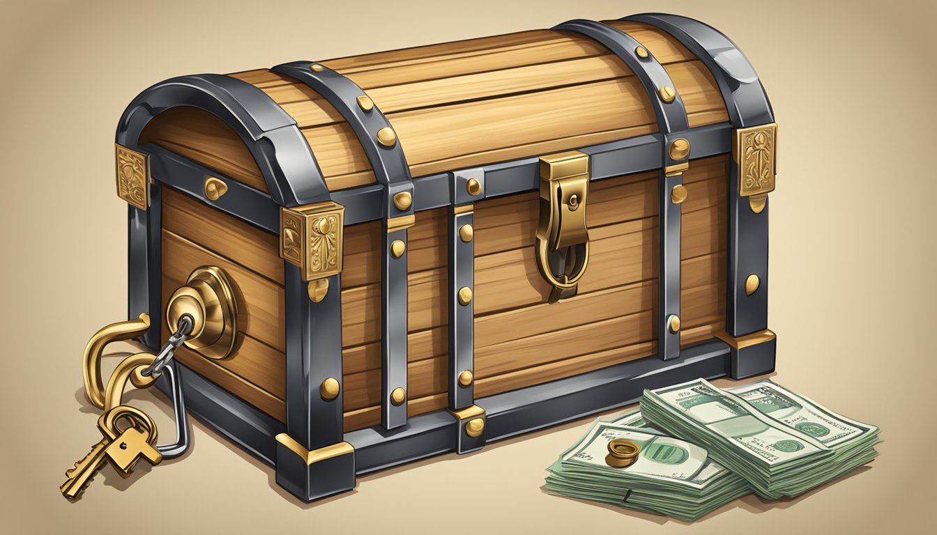 A sturdy lock securing a wooden chest filled with financial documents and a key being turned in the lock