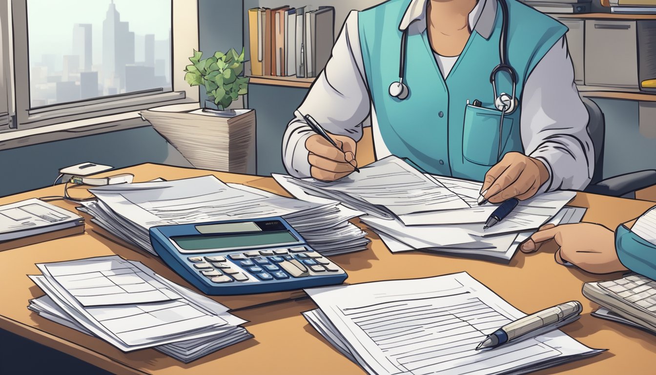 A stack of medical bills on a cluttered desk, a calculator, and a worried family member holding a pen and paper