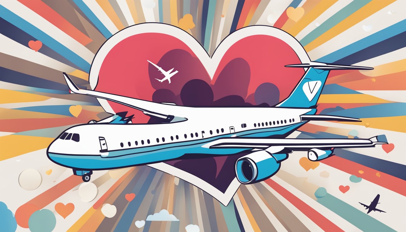 Airlines logo with a broken heart symbol, surrounded by scattered frequent flyer miles and a silhouette of a departing airplane