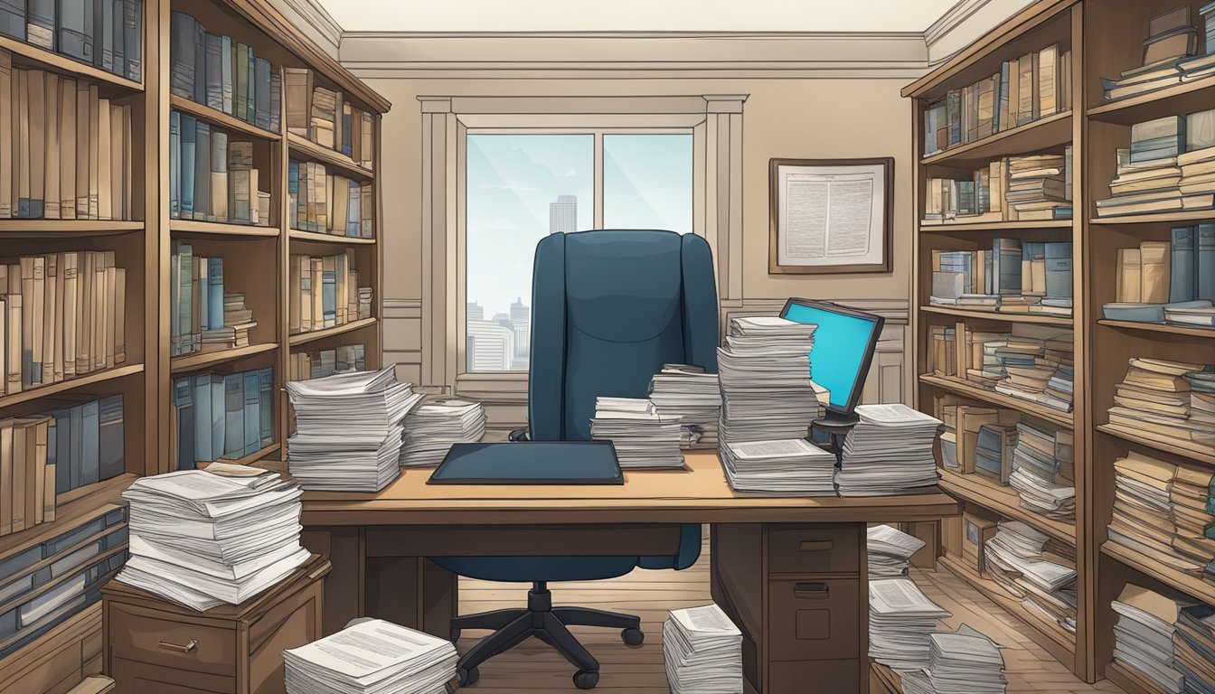 A cluttered desk with legal documents, financial records, and a family photo. A lawyer's office with shelves of law books and a computer