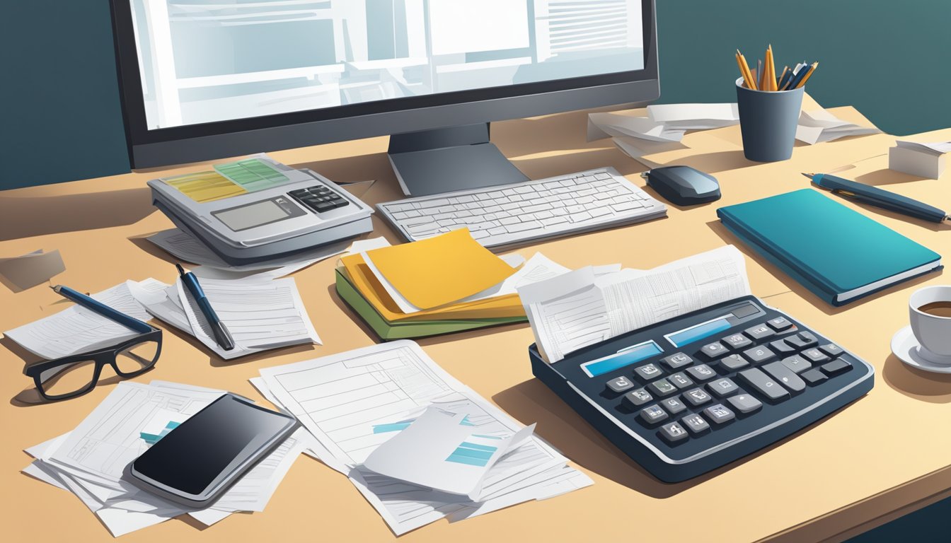 An empty desk with scattered papers, a computer, and a calculator. A briefcase sits open with financial documents spilling out