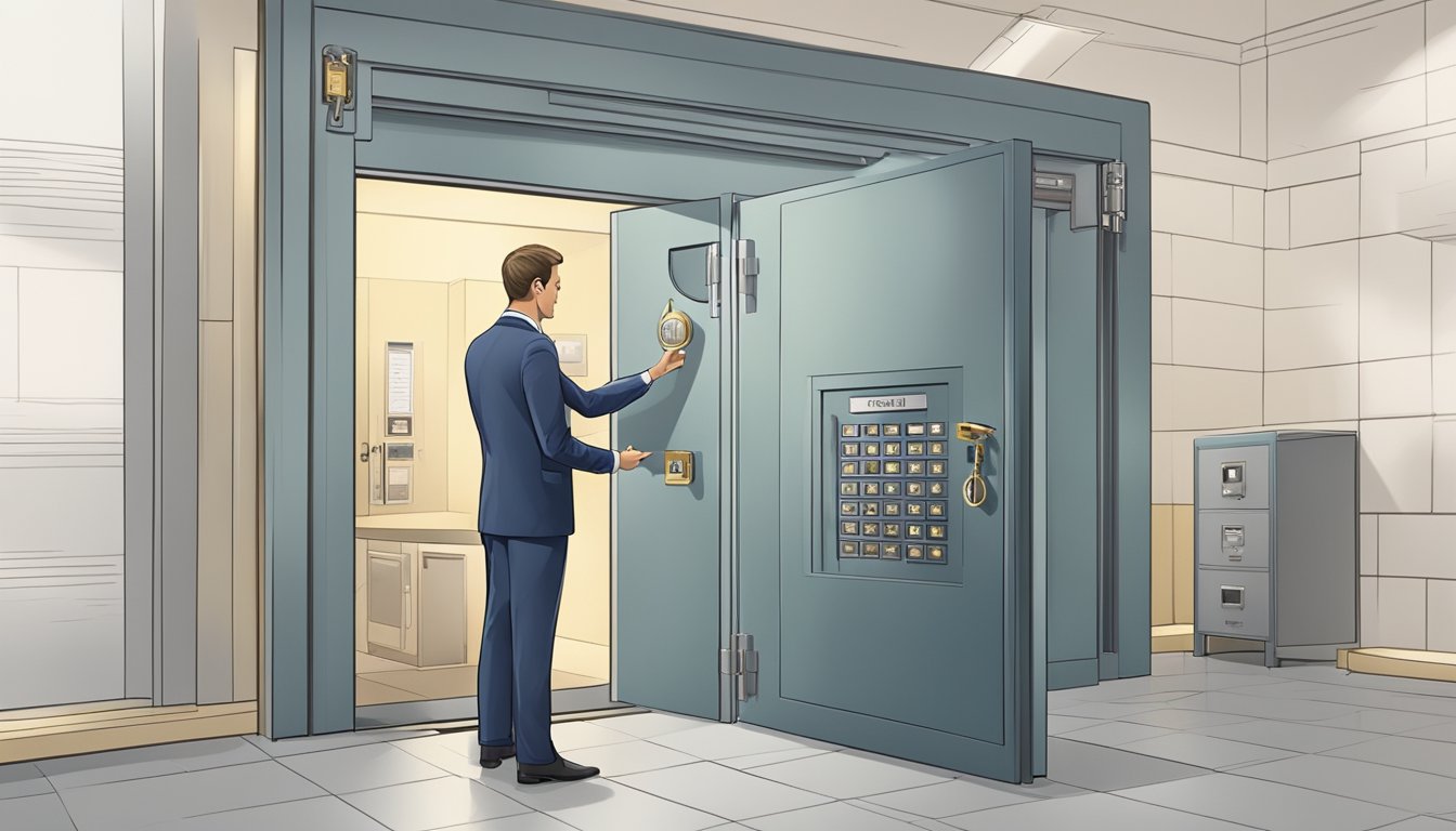 A secure vault door being opened by a bank official with a key, revealing rows of offshore account documents and files