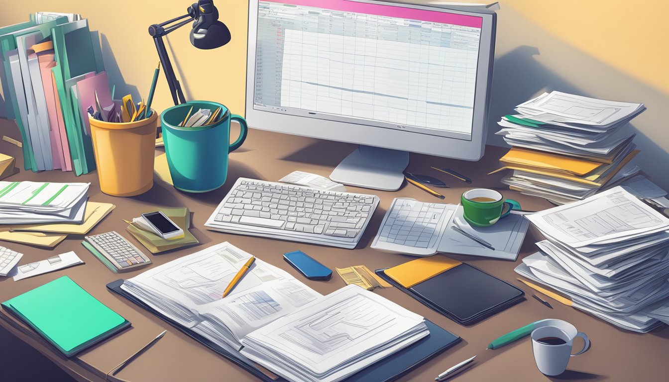 A cluttered desk with scattered papers, a computer screen displaying financial spreadsheets, and a briefcase packed with important documents