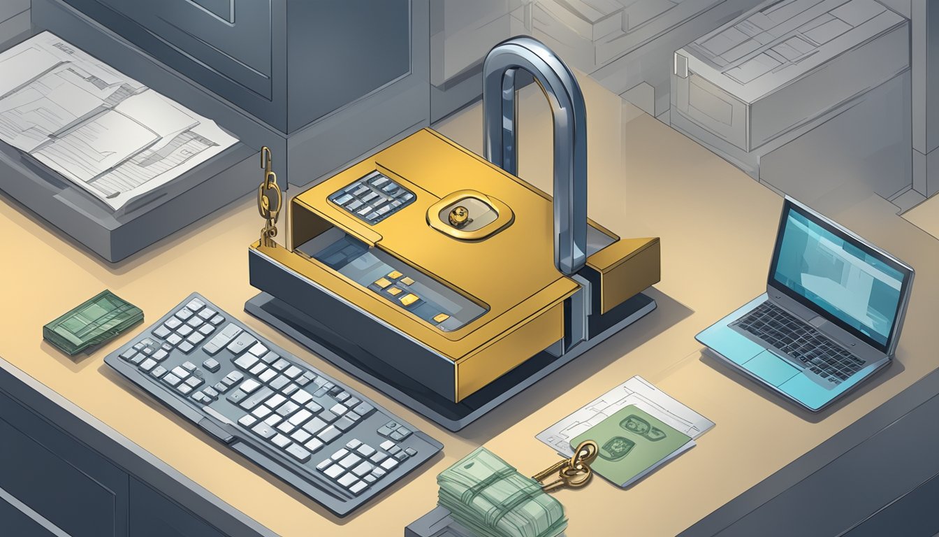 A key being inserted into a lock on a secure-looking vault, with a computer screen showing offshore financial account details