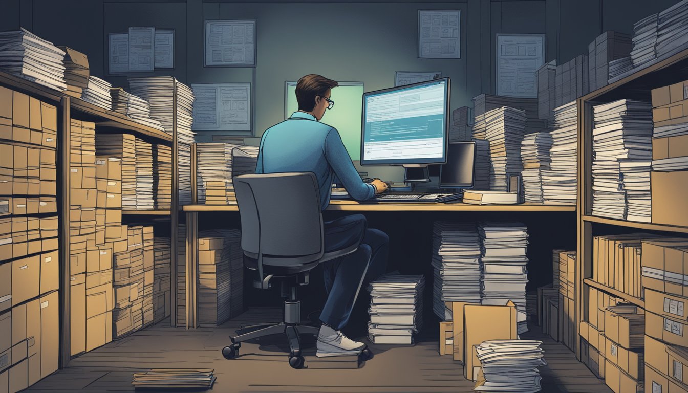 A figure accessing a computer in a dimly lit room, surrounded by stacks of papers and folders marked "offshore accounts" and "asset distribution."