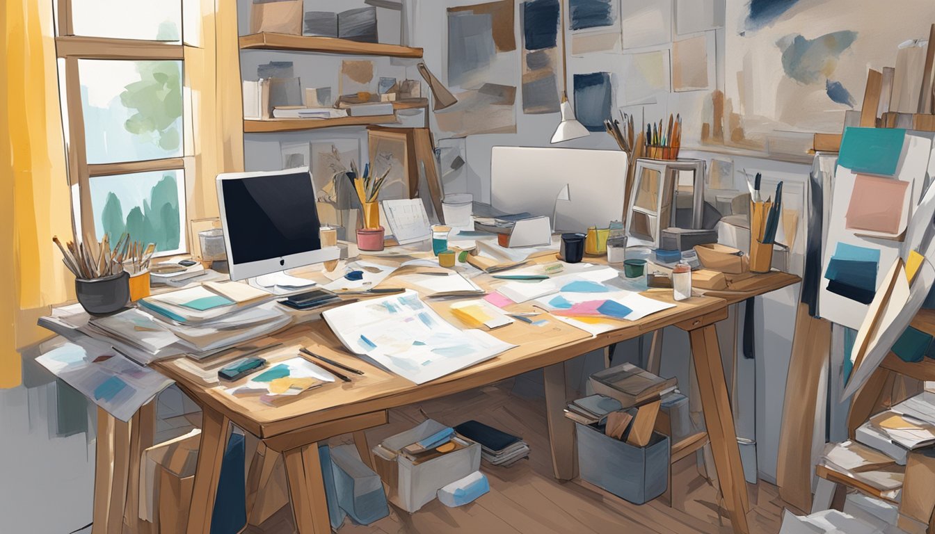 A cluttered artist's studio with half-finished canvases, scattered paint brushes, and a desk strewn with sketches and notes