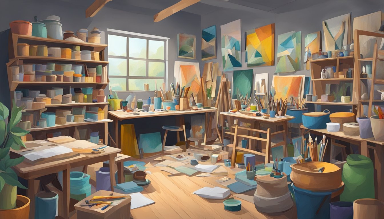 A cluttered studio with half-finished paintings, sculptures, and art supplies strewn about. Shelves and tables are filled with unfinished creative works, creating a sense of chaos and potential