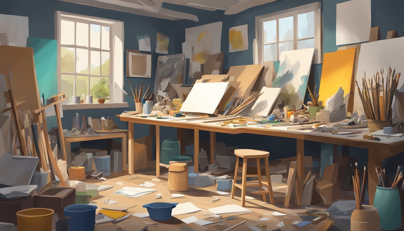 A cluttered artist's studio with half-finished canvases, scattered paintbrushes, and abandoned sculptures