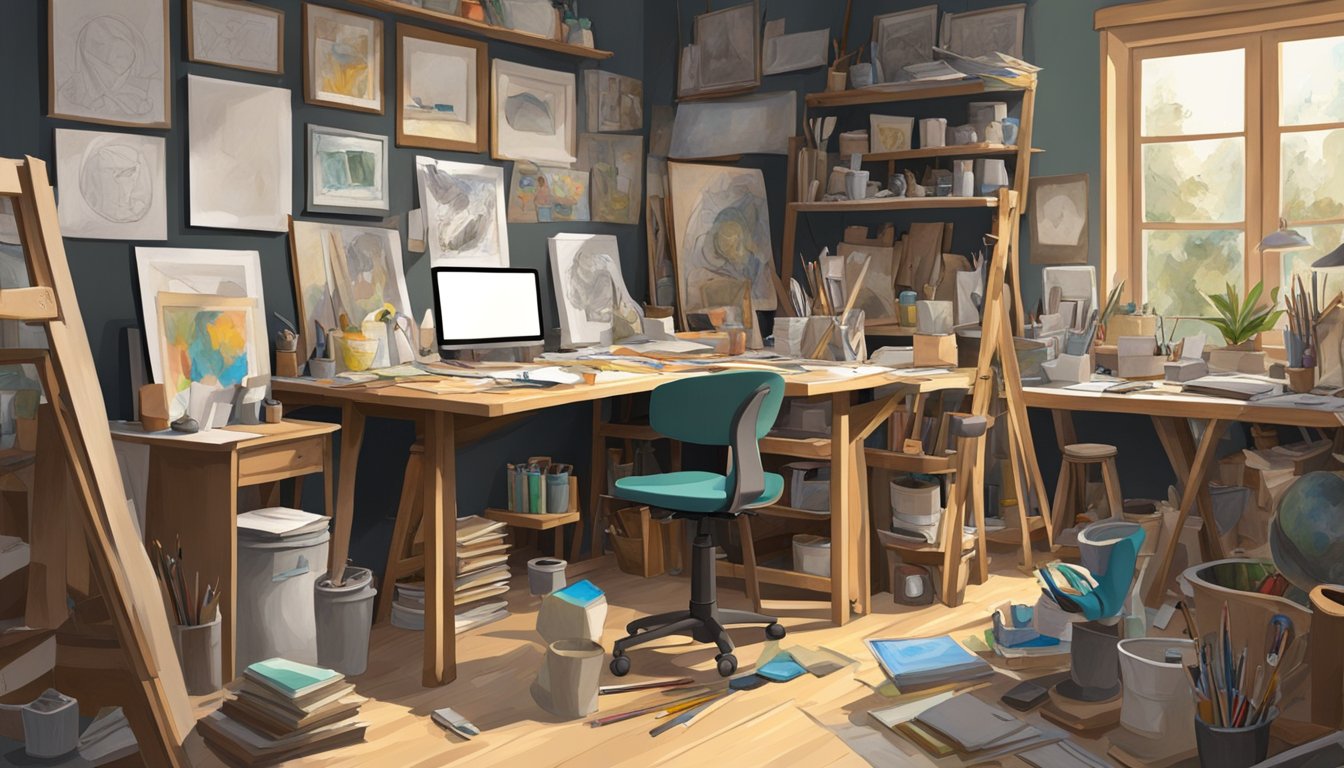 A cluttered art studio with half-finished paintings, sculptures, and sketches. A desk holds notebooks filled with ideas and plans for preserving the artist's legacy