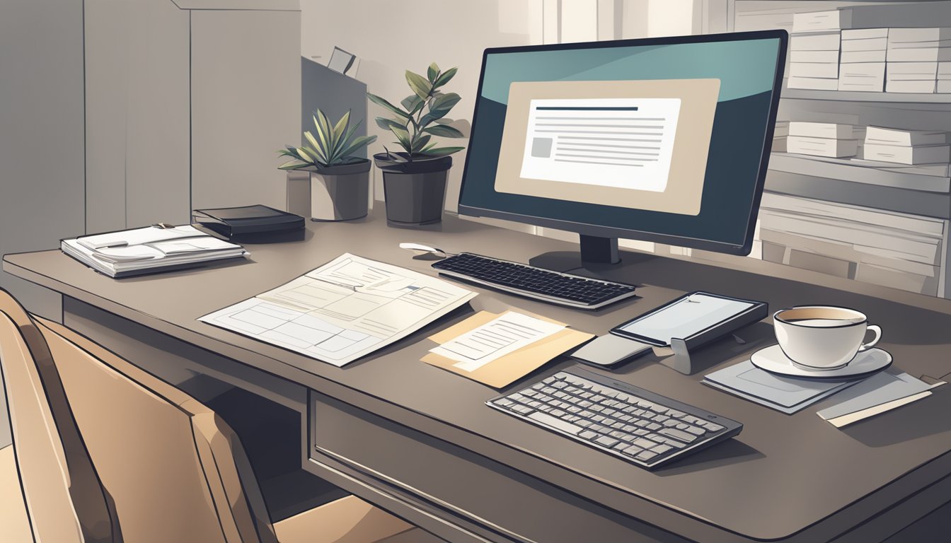 A desk with a computer, legal documents, and a loyalty program card. A somber atmosphere with muted colors and soft lighting