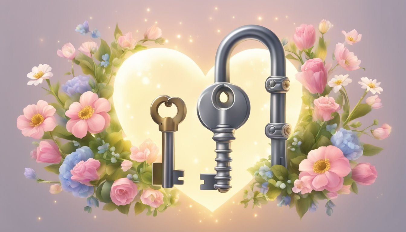 A heart-shaped lock and key symbolizing charitable trust commitments, surrounded by blooming flowers and a shining light