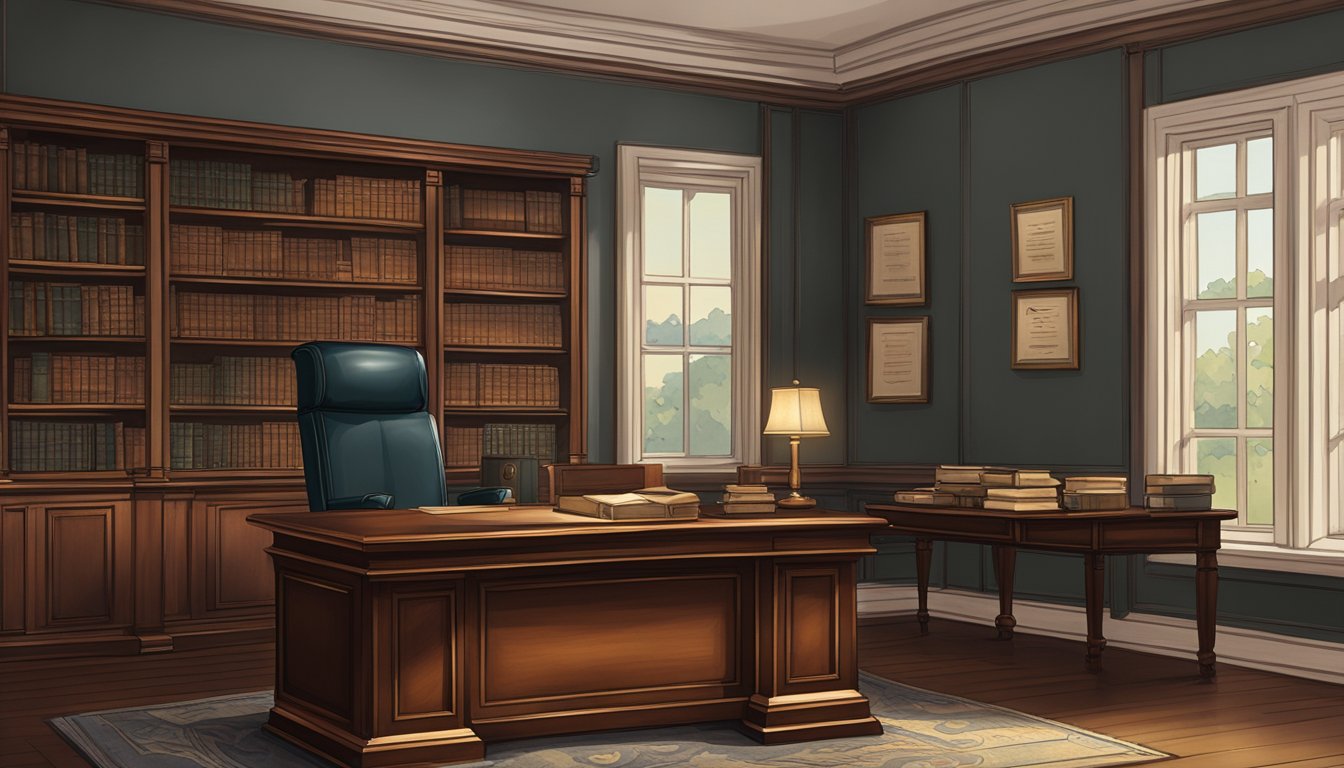 A dimly lit office with a mahogany desk and a shelf of leather-bound books. A framed certificate on the wall displays the trust's name