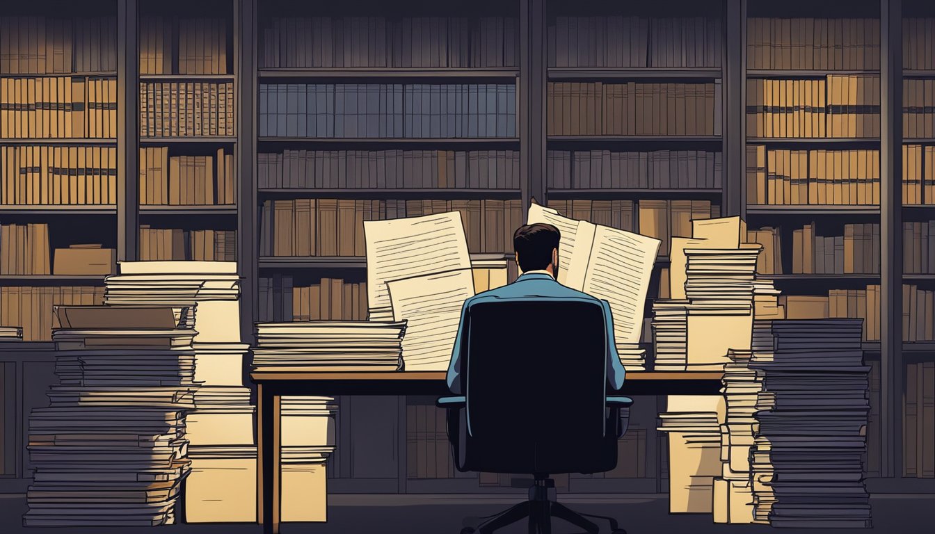 A lawyer reviewing legal documents in a dimly lit office, surrounded by stacks of paperwork and a shelf of law books