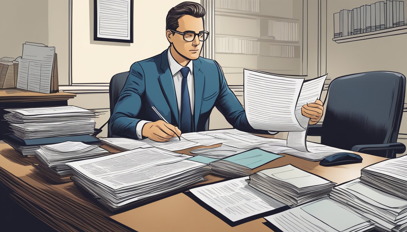 A lawyer reviewing legal documents and financial statements in an office, with a focus on stocks and bonds transfer after a client's death