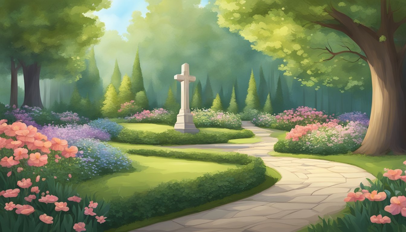 A tranquil forest with a winding path leading to a serene memorial garden, adorned with blooming flowers and a peaceful atmosphere