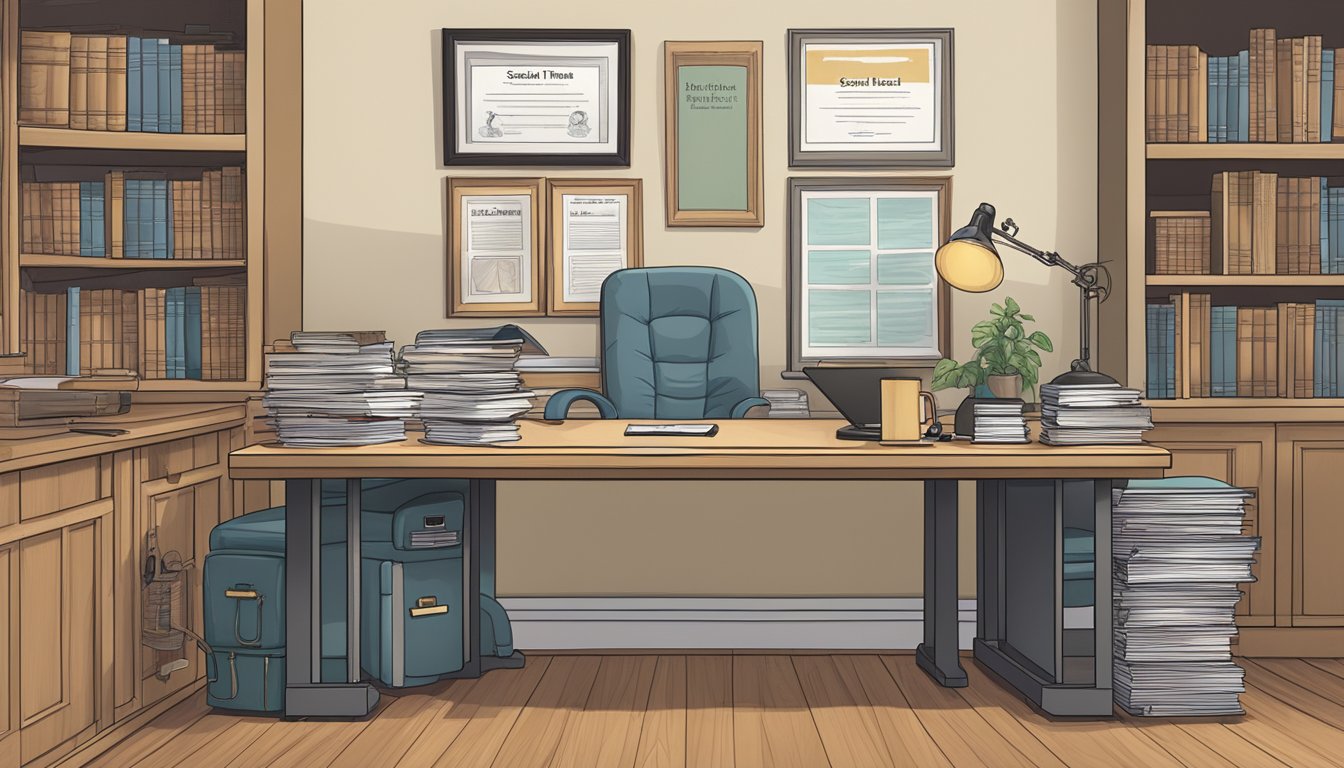 A cozy office with a desk and computer, shelves of legal books, and a framed certificate on the wall. A stack of paperwork labeled "Special Needs Trusts" sits on the desk