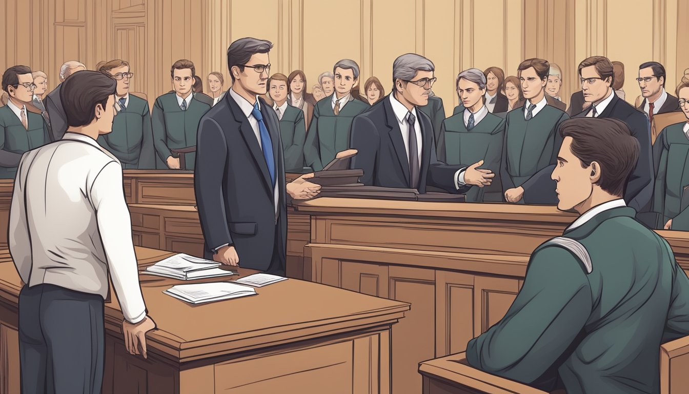 A courtroom with two opposing legal teams presenting arguments before a judge