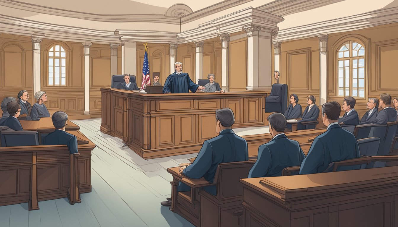 A courtroom with a judge presiding over a legal dispute, with two opposing parties presenting their arguments and evidence regarding a contested will