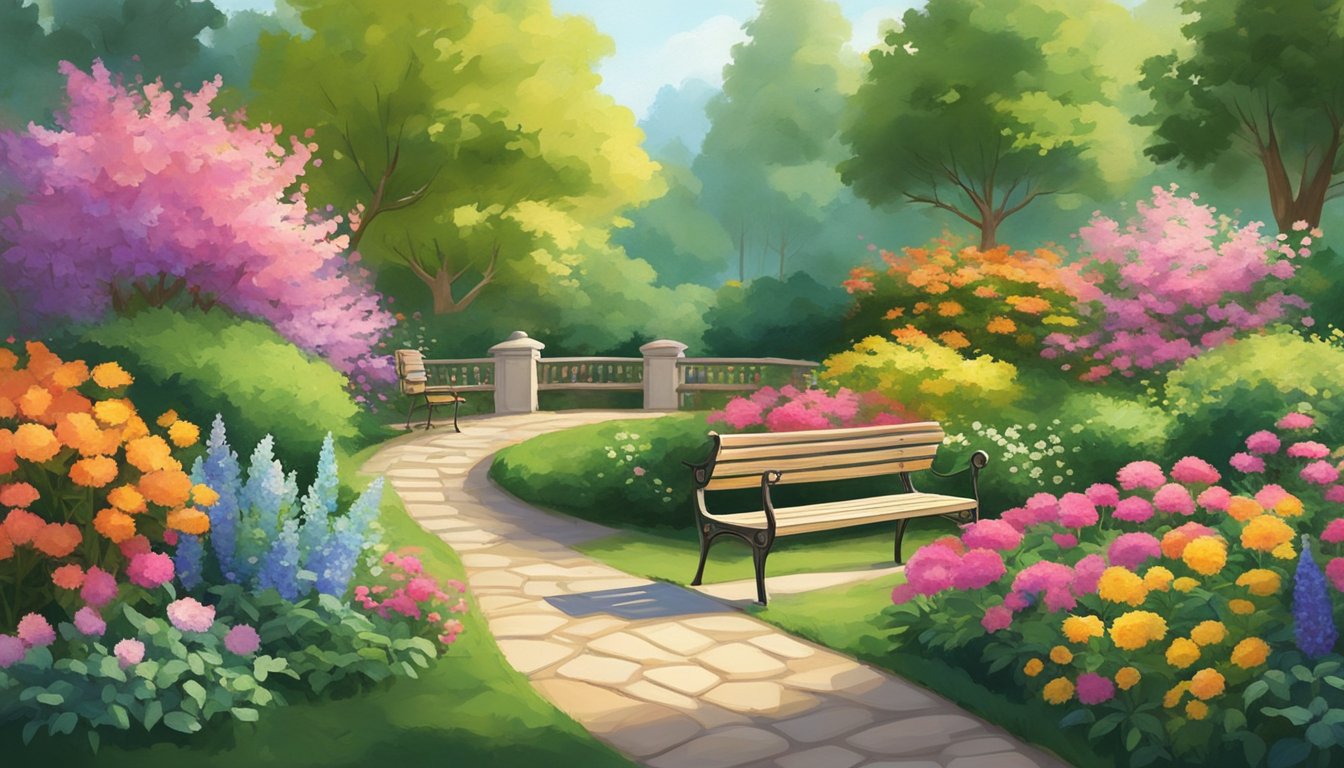 A serene garden with a winding path leading to a peaceful, sunlit clearing, surrounded by vibrant flowers and lush greenery. A sturdy, inviting bench sits at the center, providing a sense of security and support