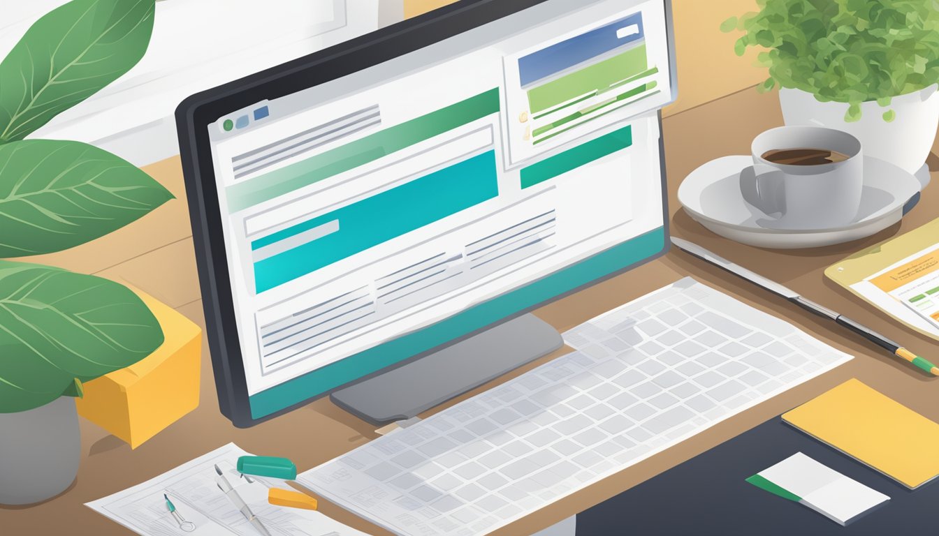 A computer screen displaying a retirement account website with a section for updating beneficiary information, surrounded by paperwork and a pen