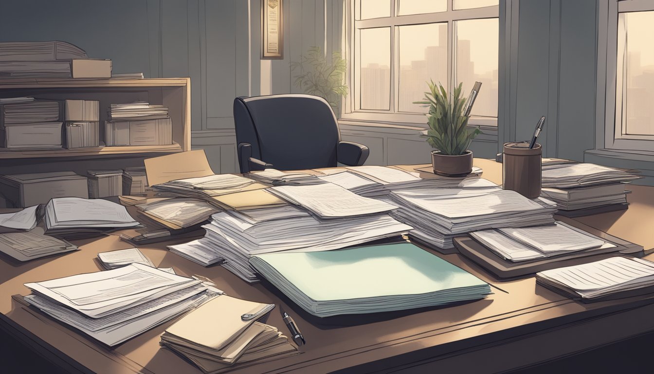 A desk cluttered with legal documents, a pen, and a family photo. A somber atmosphere with muted colors and soft lighting