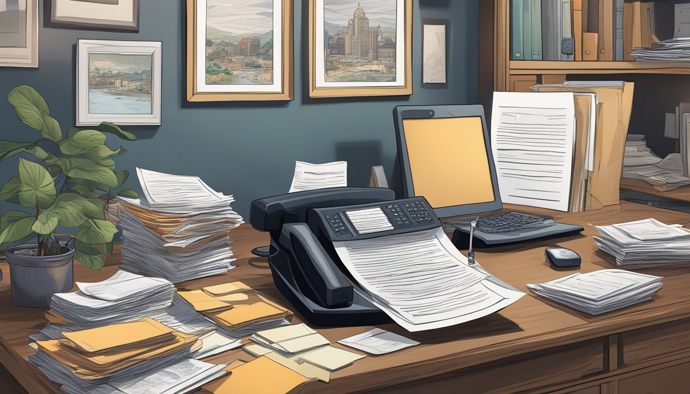 A dimly lit office desk cluttered with legal documents and a framed photo of a family. A stack of mail sits unopened, while a phone rings unanswered