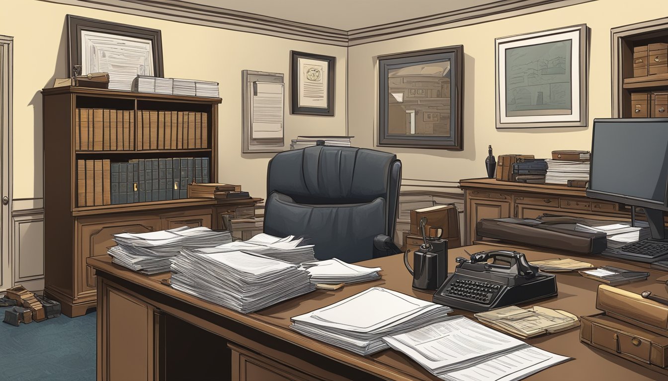 A lawyer's office with a desk cluttered with legal documents and a safe in the corner containing inherited firearms