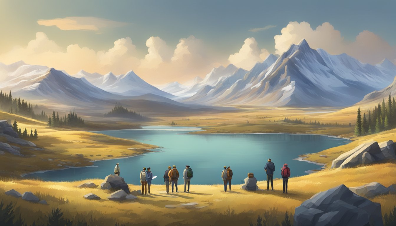 A vast, rugged landscape with a small, isolated cabin and a group of people discussing a map and legal documents