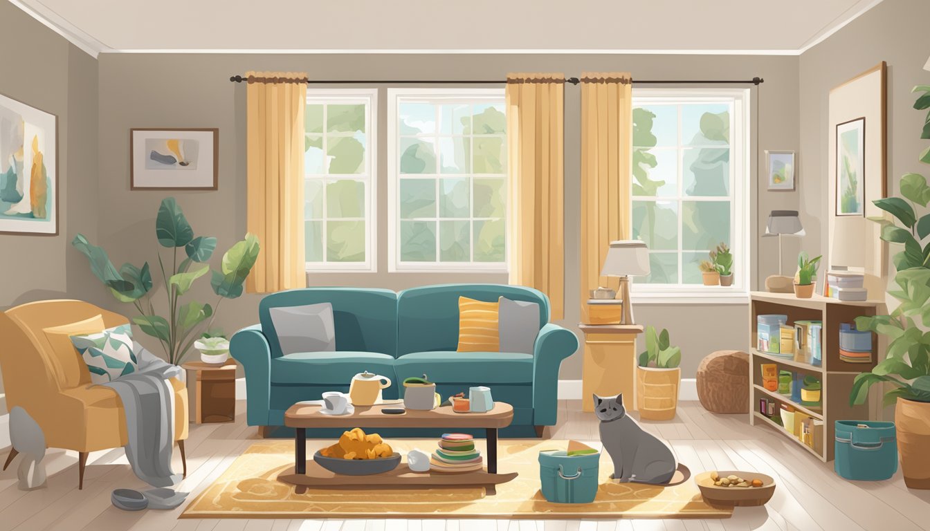 A cozy living room with a pet bed, food bowls, and toys arranged neatly. A folder labeled "Pet Care Estate Planning" sits on the coffee table