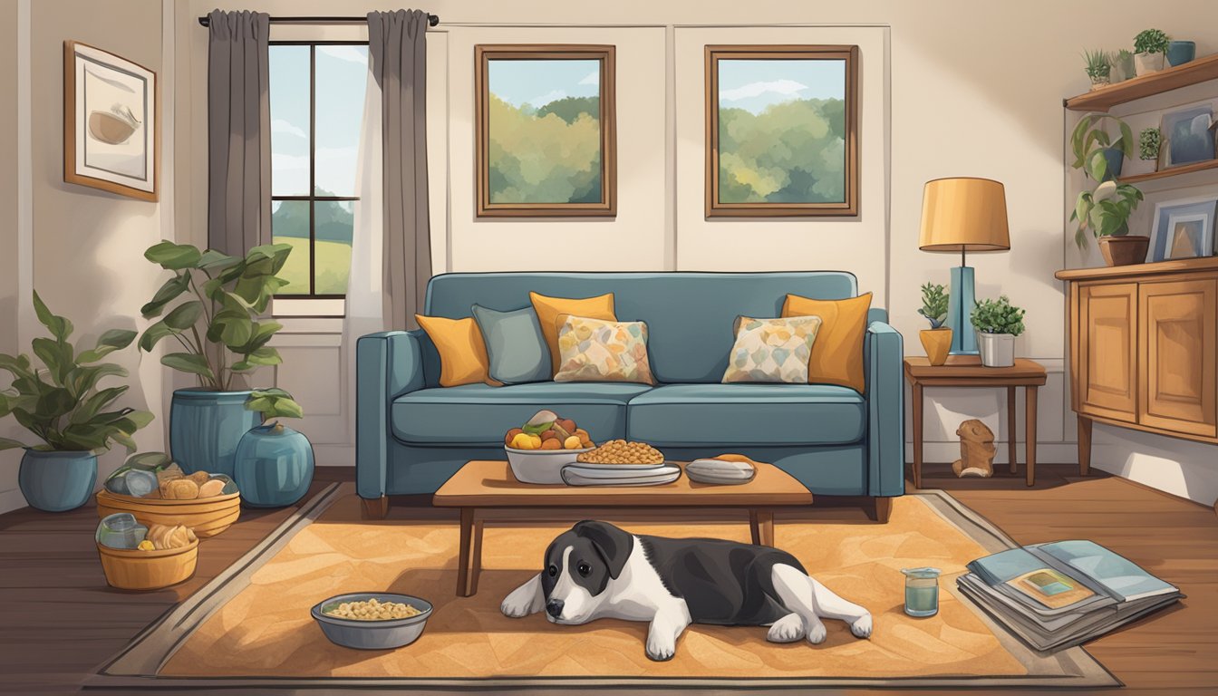 A cozy living room with a pet bed, food and water dishes, toys, and a framed photo of the deceased loved one