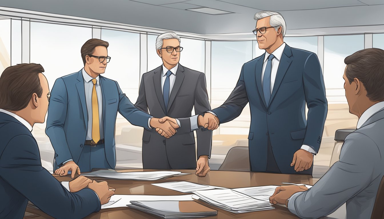 A group of executives meet in a boardroom, exchanging documents and shaking hands, while a lawyer oversees the transfer of mineral rights after the rights-holder's death