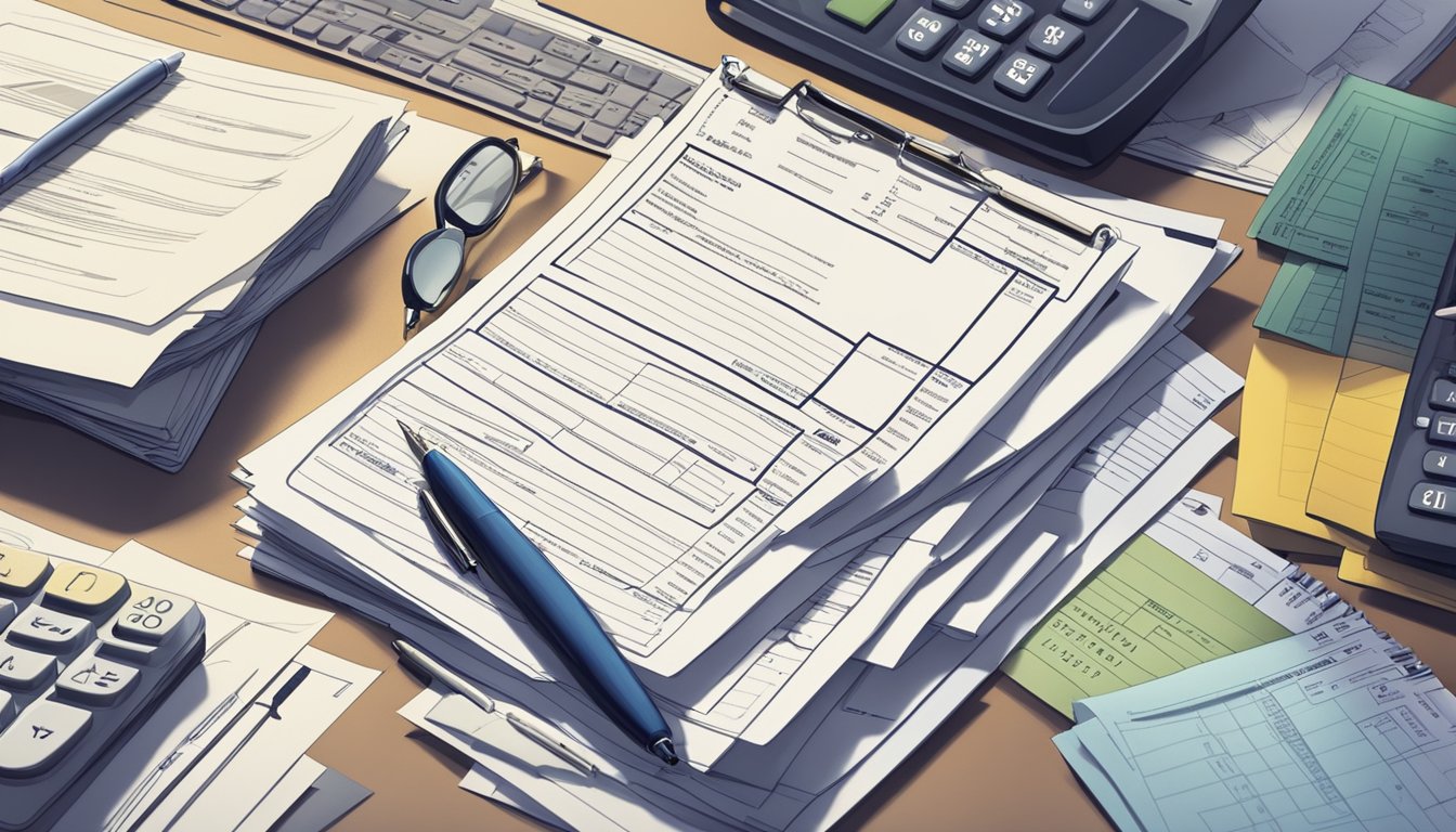 A stack of medical bills and paperwork on a cluttered desk, with a calculator and pen nearby. A somber atmosphere with a sense of financial burden