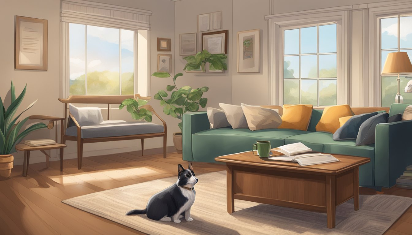 A cozy living room with a sunlit window, a comfortable pet bed, and a table with legal documents and a photo of the deceased loved one